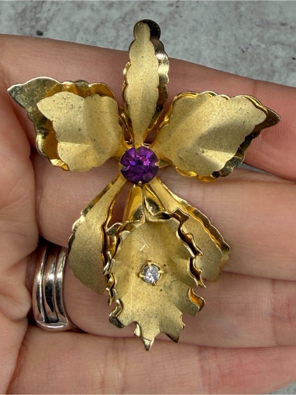 Orchid Brooch & Screw Back Earrings Set Bugbee & Niles Co Jewelry Rhinestone Lot - Picture 5 of 8